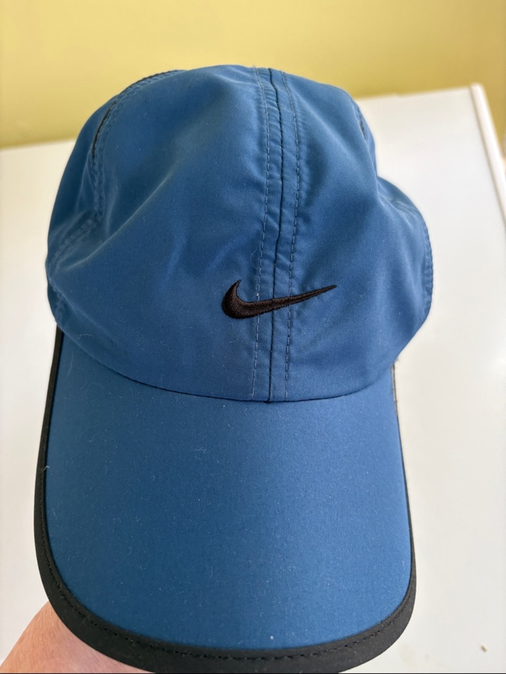 Nike DriFit Blue w Black Trim Lightweight Poly Running Hat Velcro Back One Size